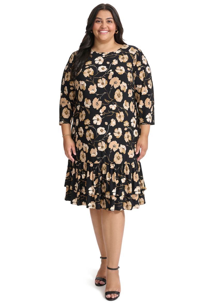 Plus Size 3/4 Sleeve Autumn Poppy Ruffle Hem Shift