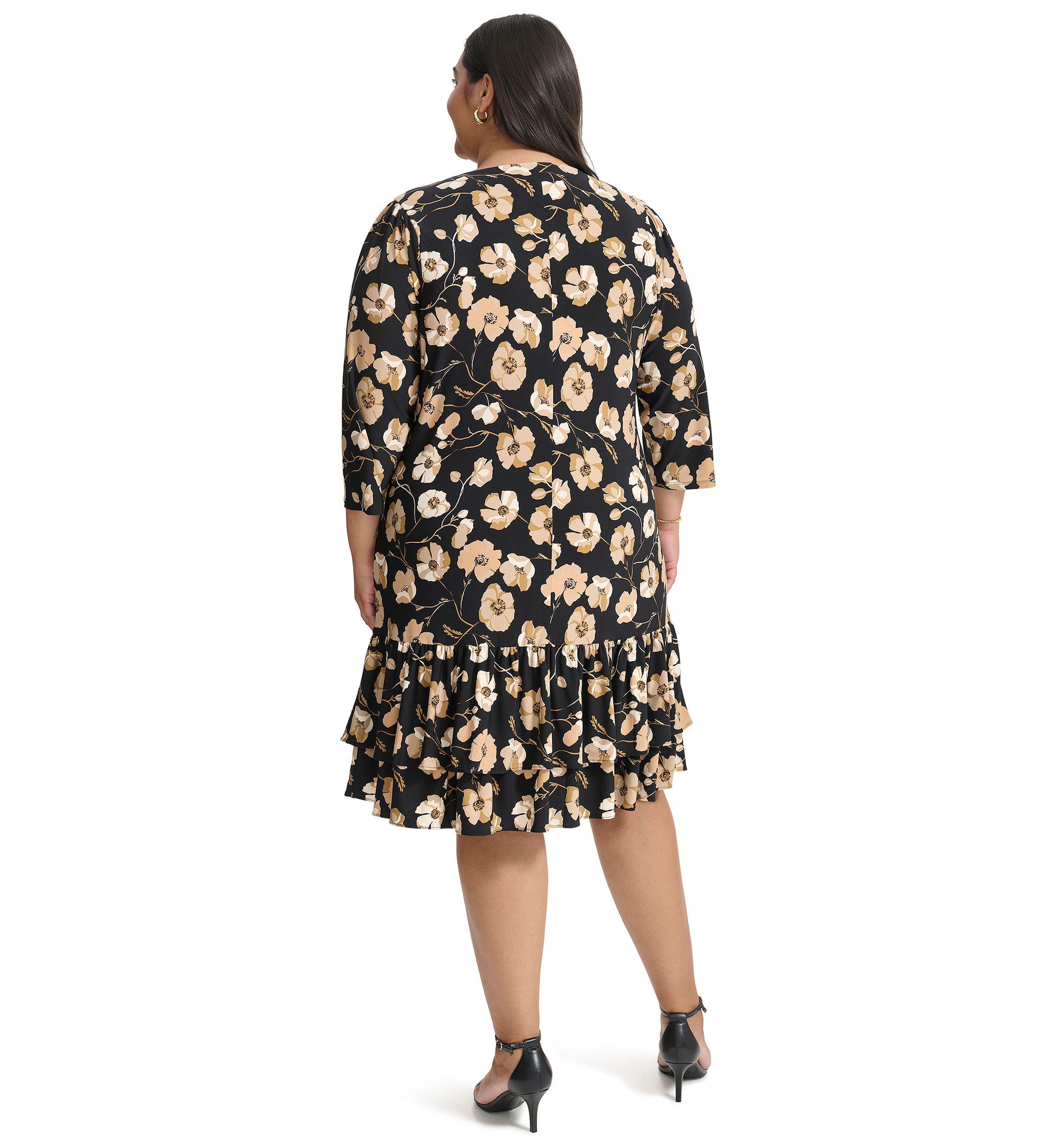 Plus Size 3/4 Sleeve Autumn Poppy Ruffle Hem Shift