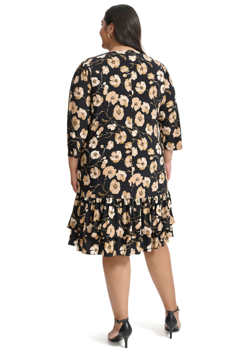 Plus Size 3/4 Sleeve Autumn Poppy Ruffle Hem Shift
