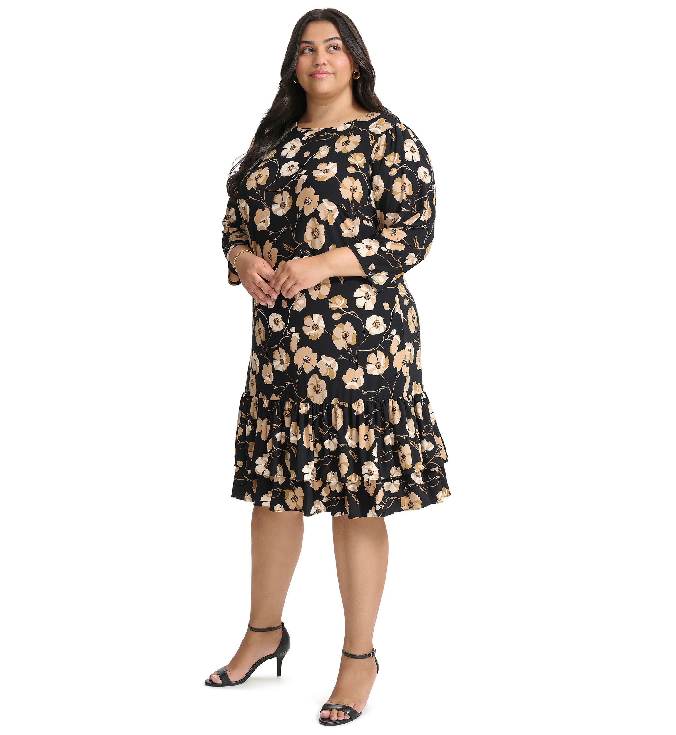 Plus Size 3/4 Sleeve Autumn Poppy Ruffle Hem Shift