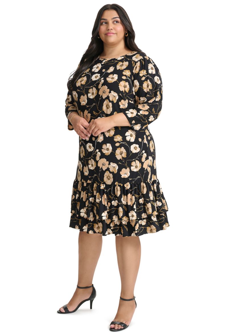 Plus Size 3/4 Sleeve Autumn Poppy Ruffle Hem Shift