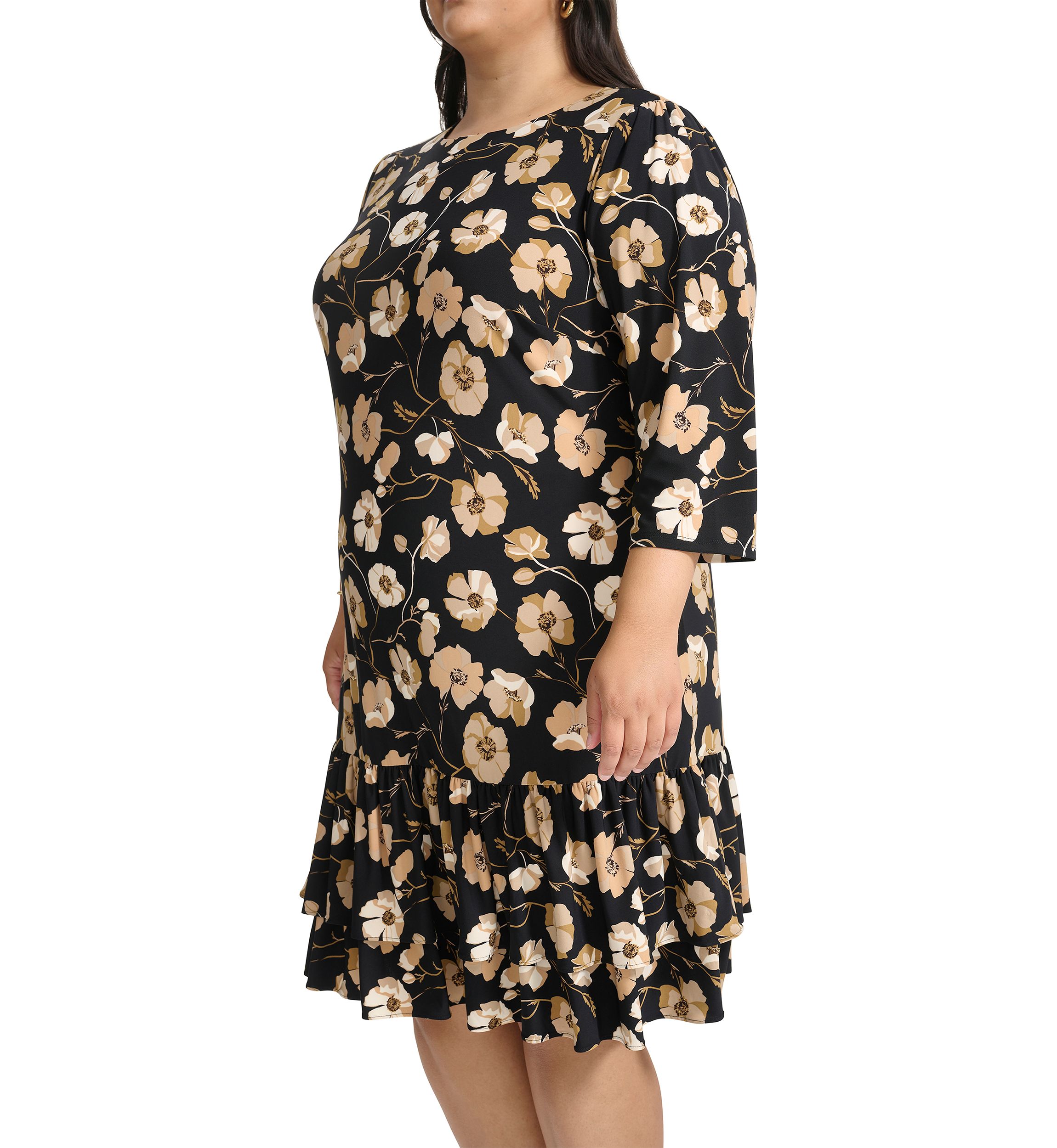 Plus Size 3/4 Sleeve Autumn Poppy Ruffle Hem Shift
