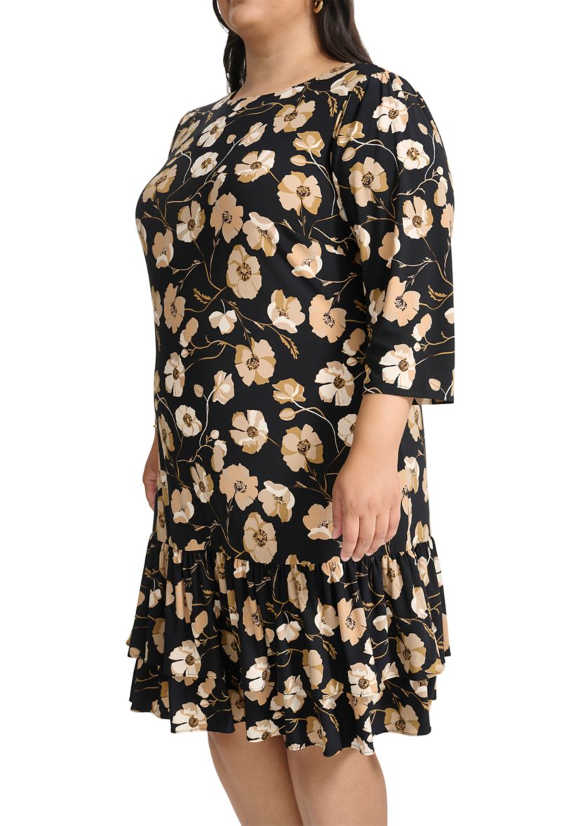Plus Size 3/4 Sleeve Autumn Poppy Ruffle Hem Shift