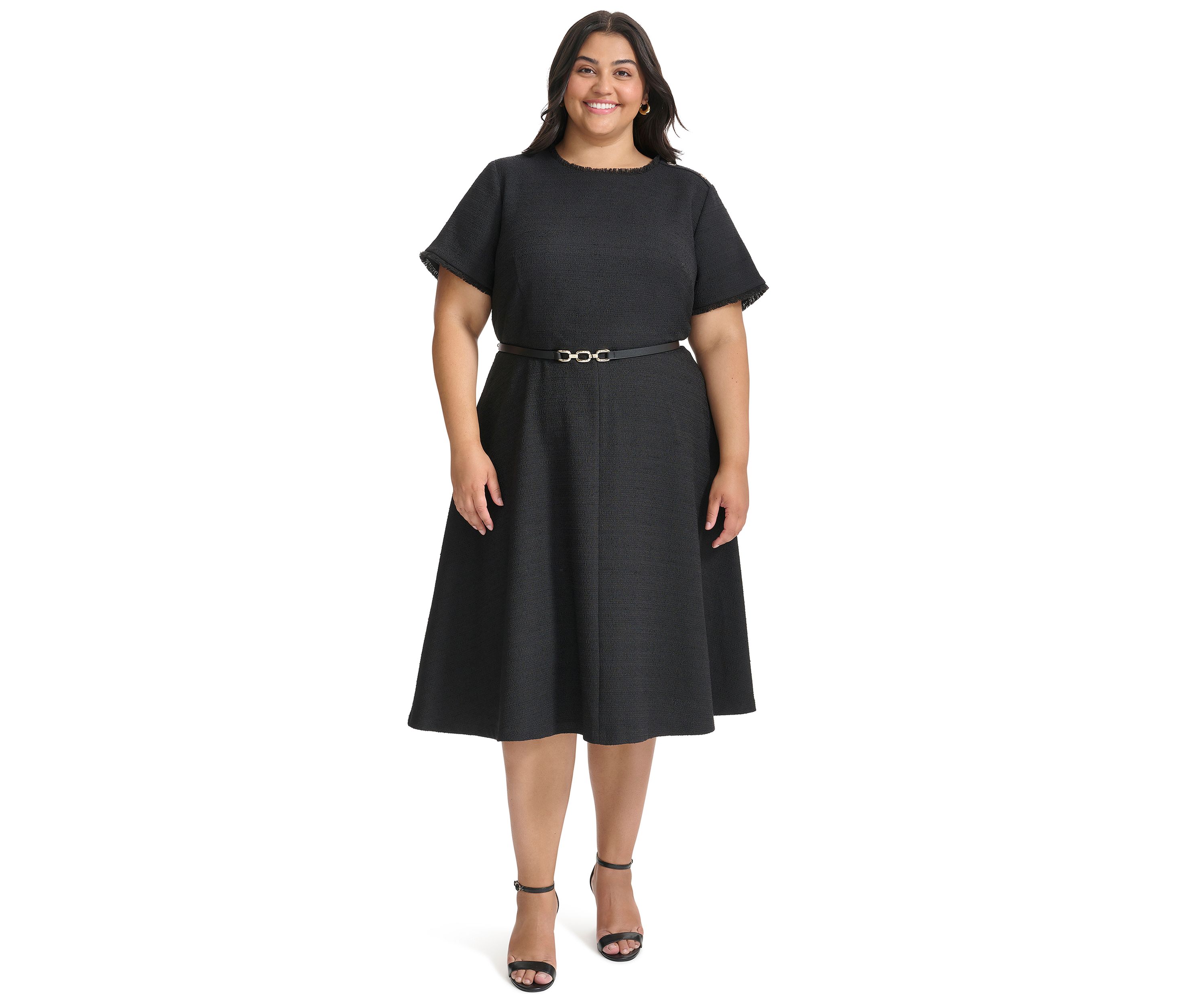Plus Size Short Sleeve Button Shoulder Belted Boucle Fit and Flare