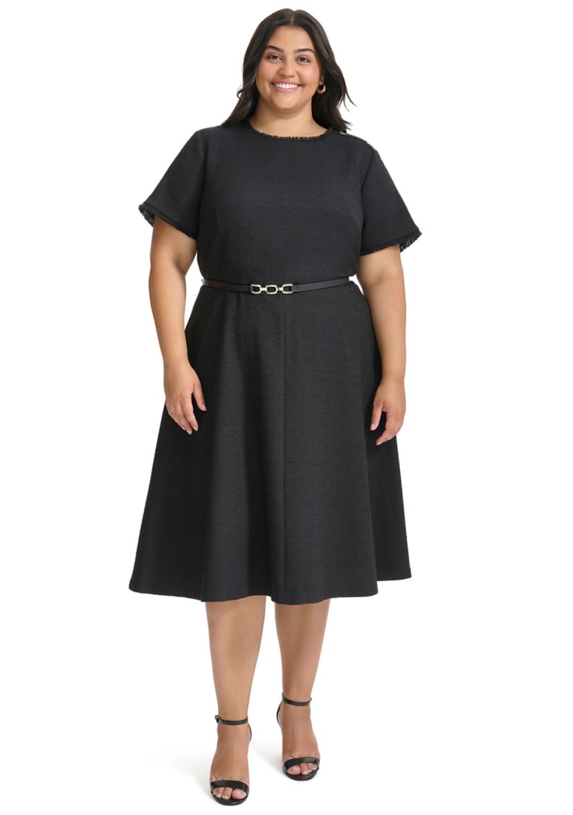 Plus Size Short Sleeve Button Shoulder Belted Boucle Fit and Flare