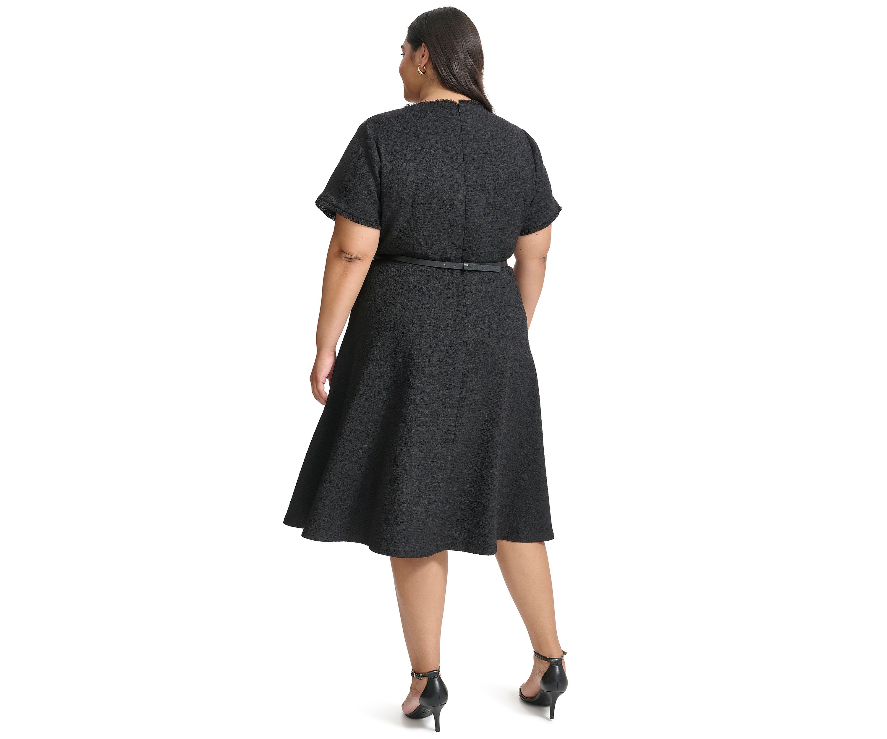 Plus Size Short Sleeve Button Shoulder Belted Boucle Fit and Flare