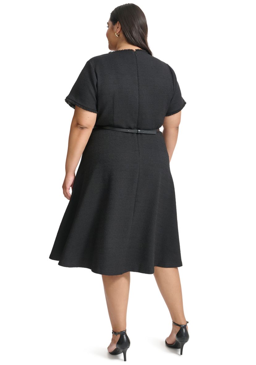 Plus Size Short Sleeve Button Shoulder Belted Boucle Fit and Flare