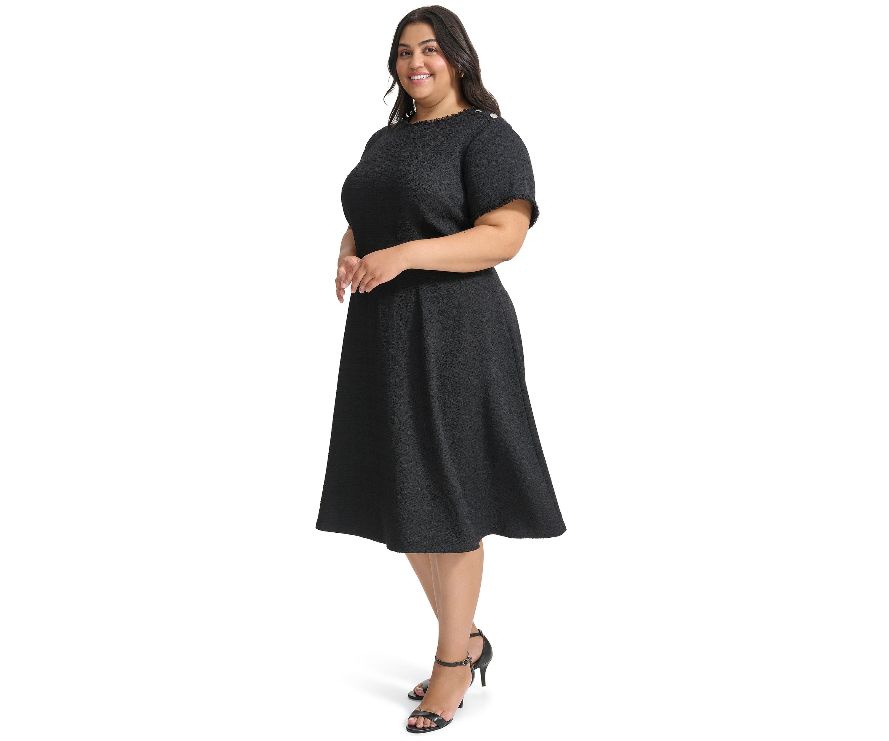 Plus Size Short Sleeve Button Shoulder Belted Boucle Fit and Flare