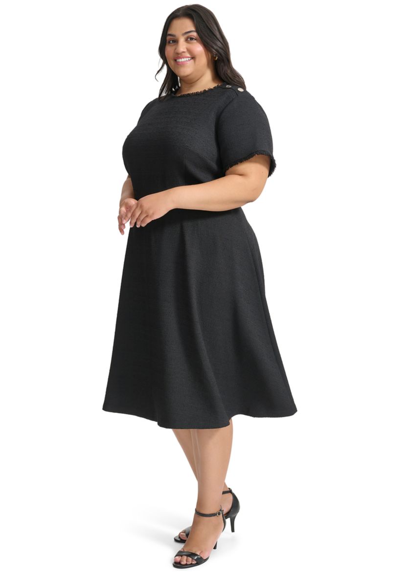 Plus Size Short Sleeve Button Shoulder Belted Boucle Fit and Flare