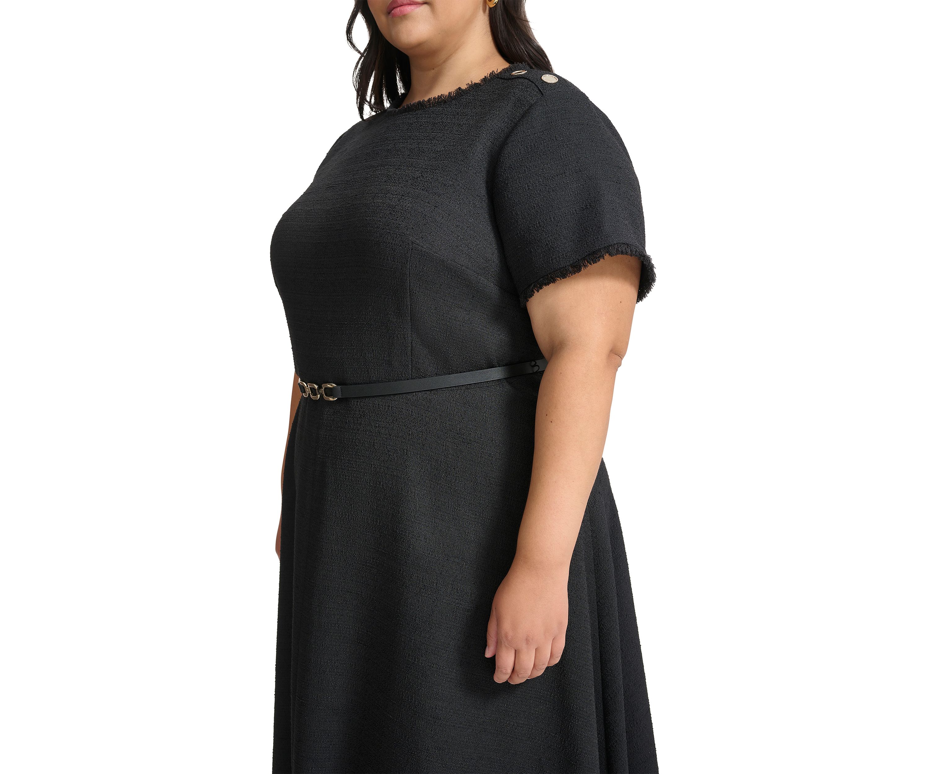 Plus Size Short Sleeve Button Shoulder Belted Boucle Fit and Flare