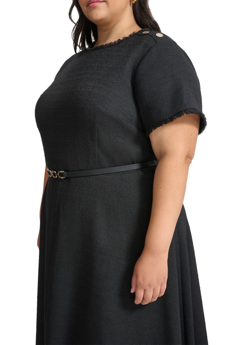 Plus Size Short Sleeve Button Shoulder Belted Boucle Fit and Flare