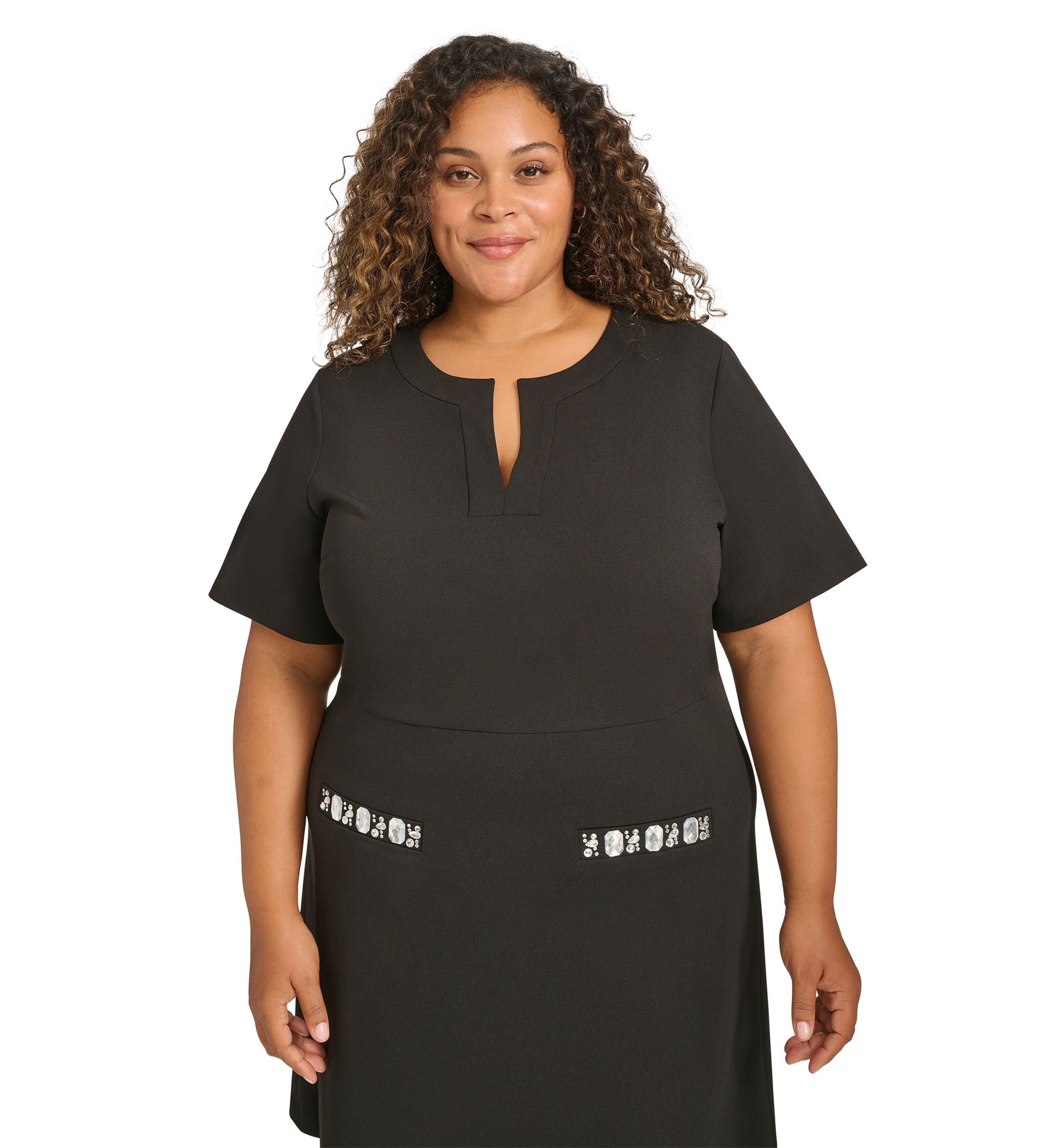 Plus Size Short Sleeve Split Neck Scuba Crepe Sheath Dress with Stone Trim Pockets