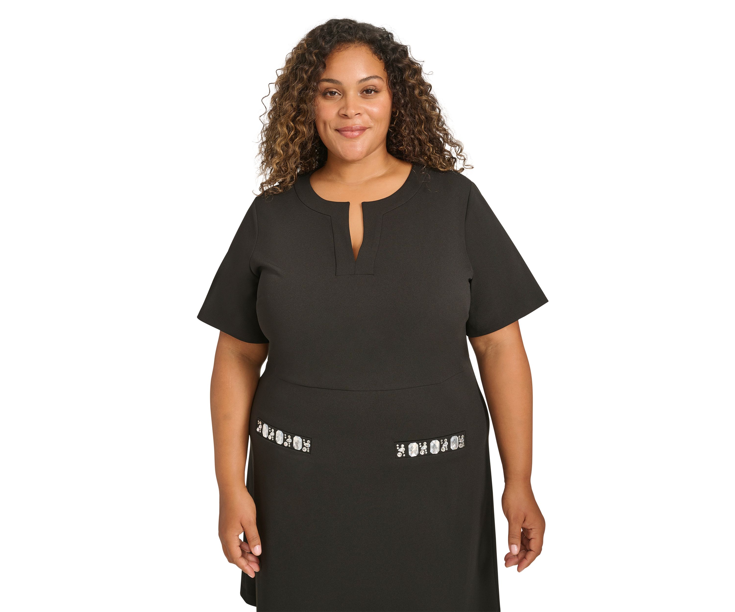 Plus Size Short Sleeve Split Neck Scuba Crepe Sheath Dress with Stone Trim Pockets