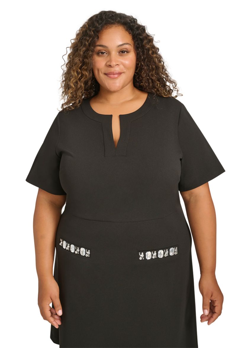 Plus Size Short Sleeve Split Neck Scuba Crepe Sheath Dress with Stone Trim Pockets