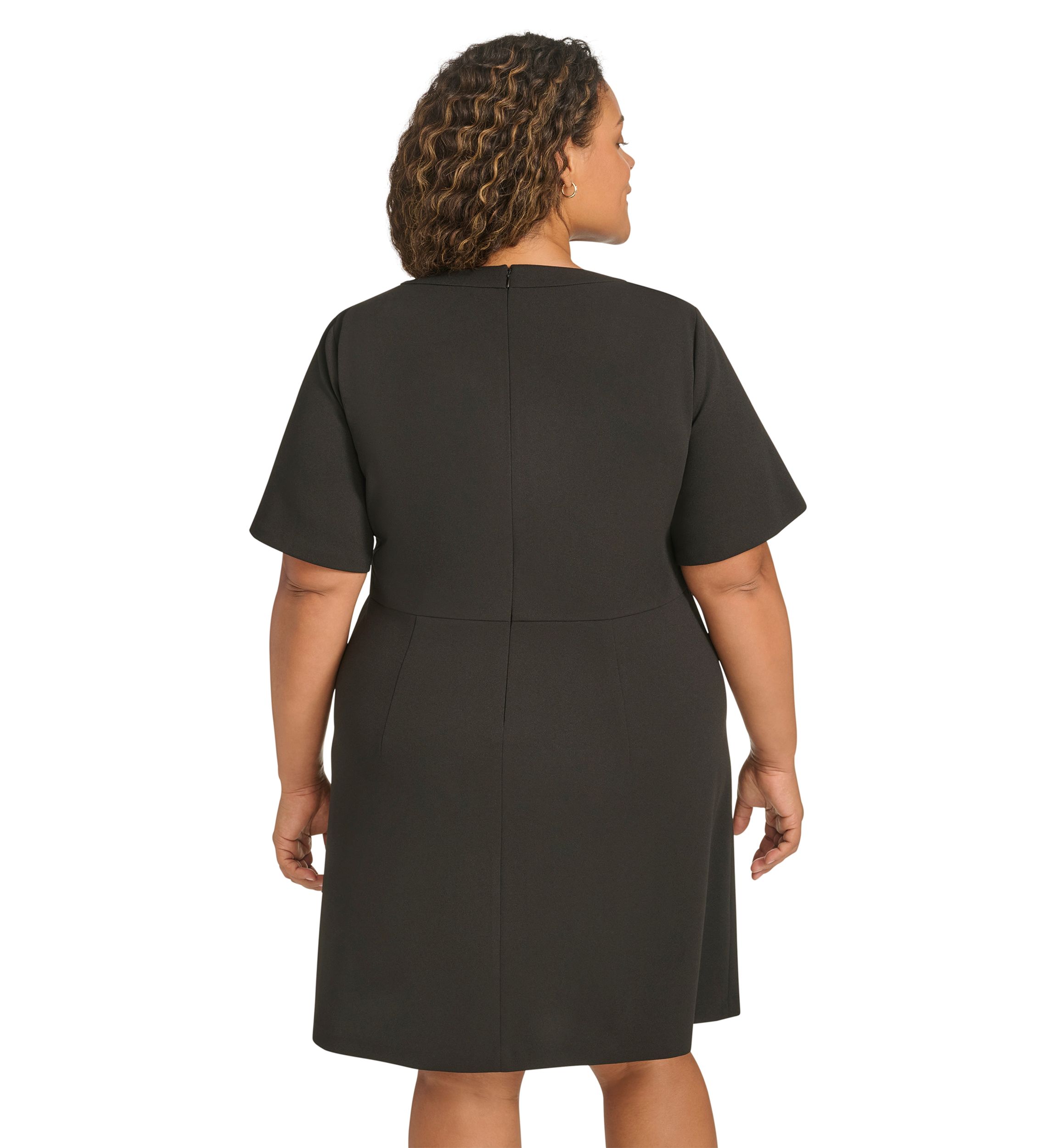 Plus Size Short Sleeve Split Neck Scuba Crepe Sheath Dress with Stone Trim Pockets
