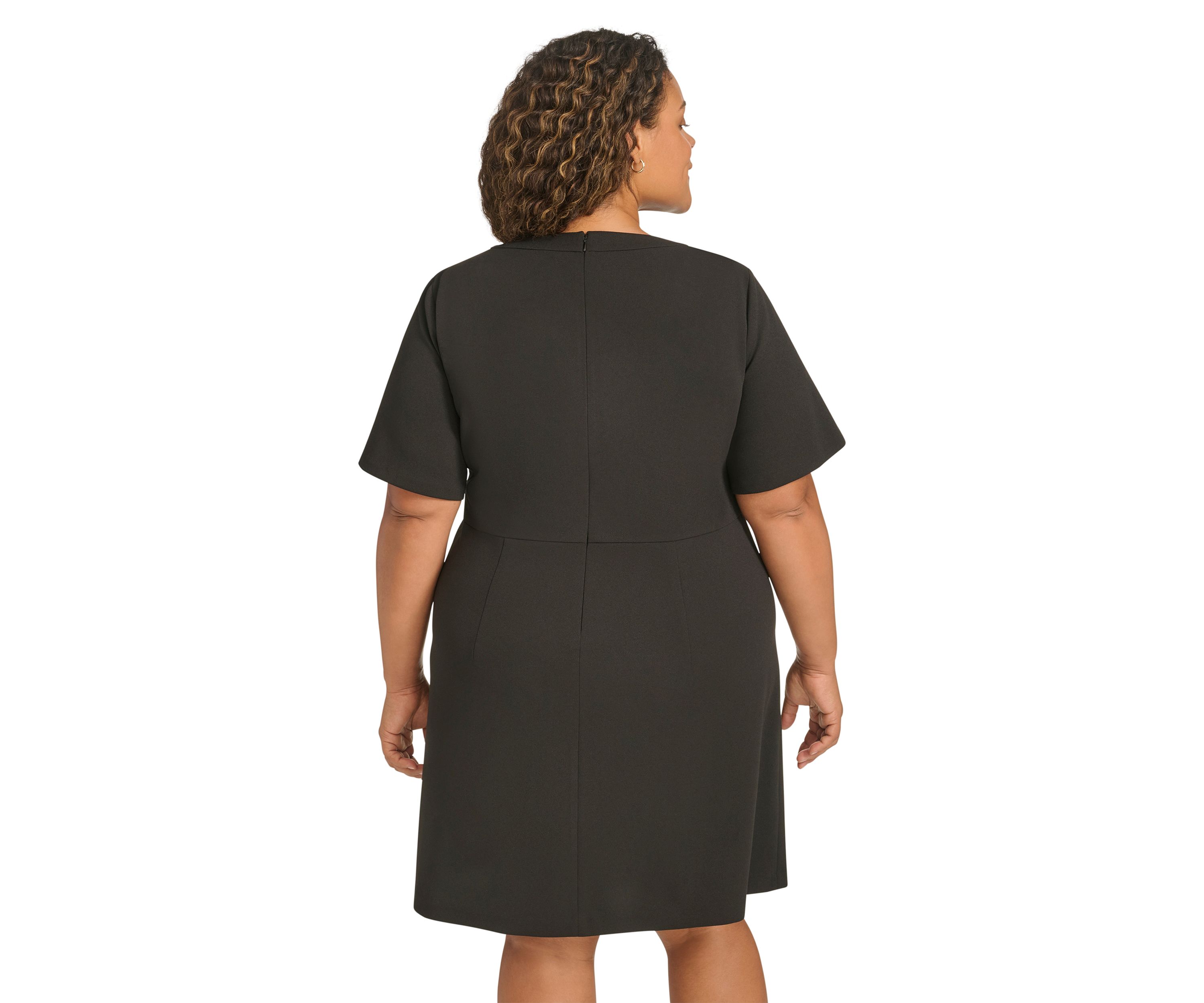 Plus Size Short Sleeve Split Neck Scuba Crepe Sheath Dress with Stone Trim Pockets