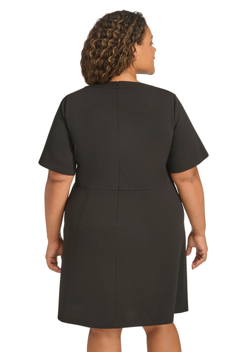 Plus Size Short Sleeve Split Neck Scuba Crepe Sheath Dress with Stone Trim Pockets