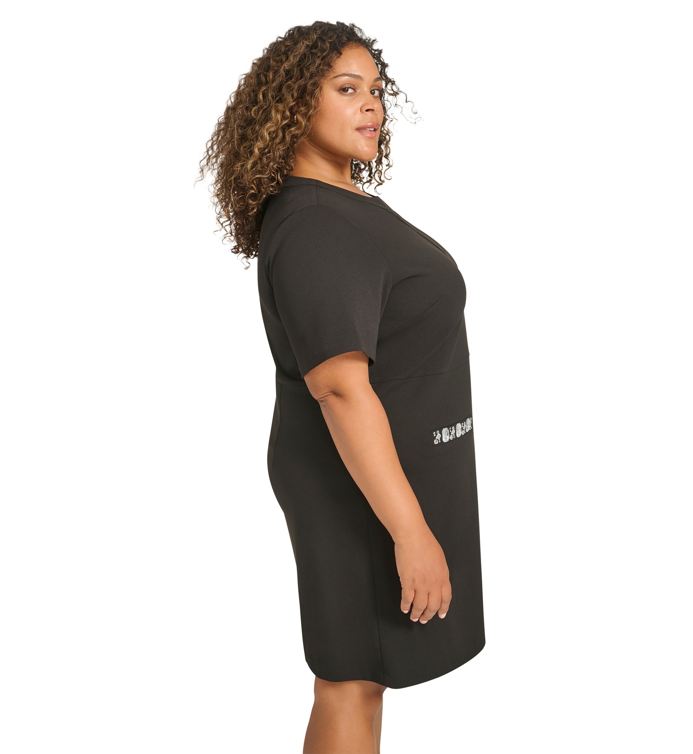 Plus Size Short Sleeve Split Neck Scuba Crepe Sheath Dress with Stone Trim Pockets