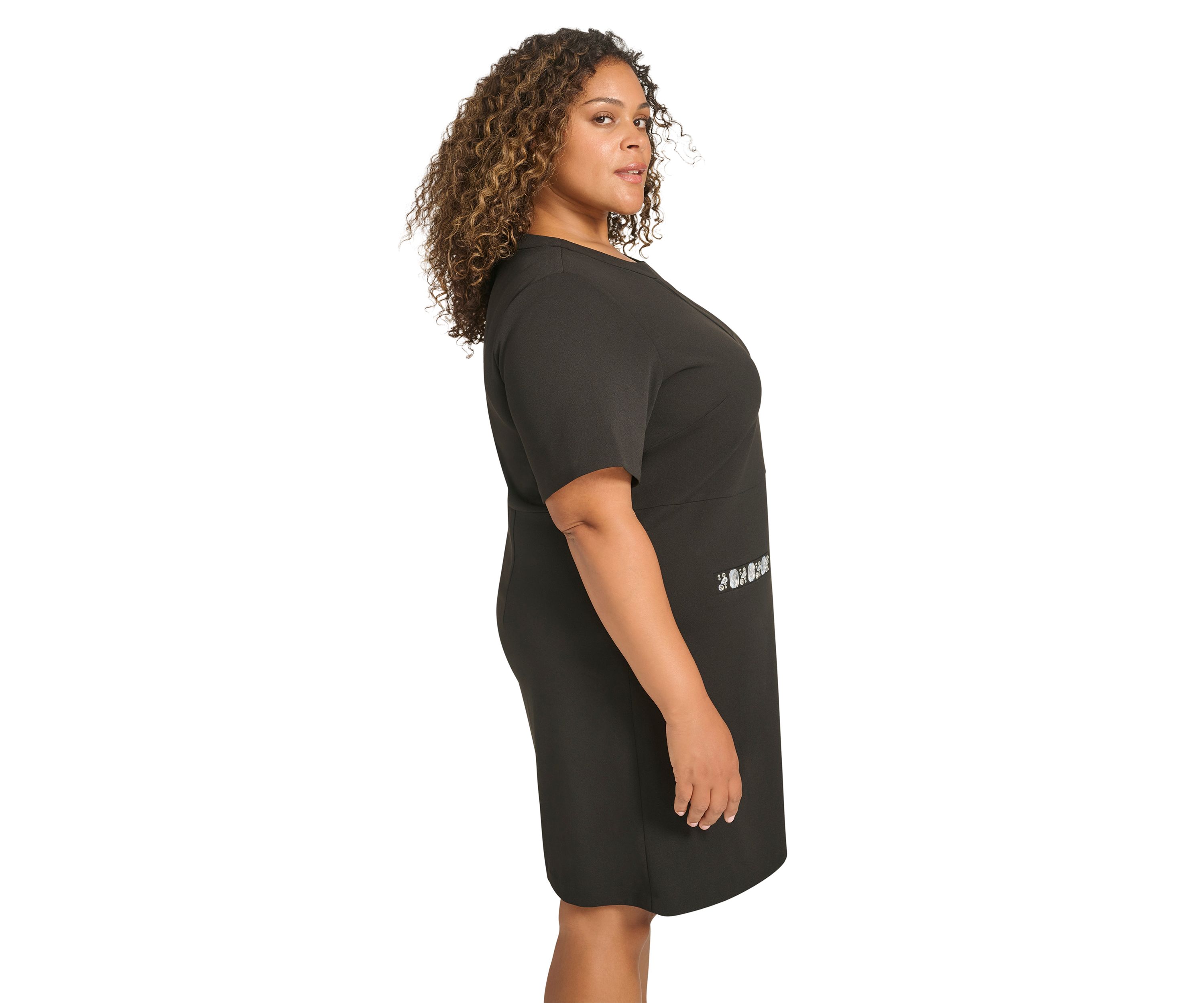 Plus Size Short Sleeve Split Neck Scuba Crepe Sheath Dress with Stone Trim Pockets