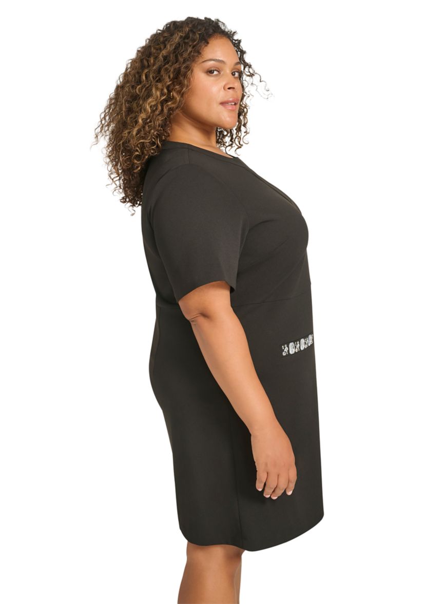 Plus Size Short Sleeve Split Neck Scuba Crepe Sheath Dress with Stone Trim Pockets