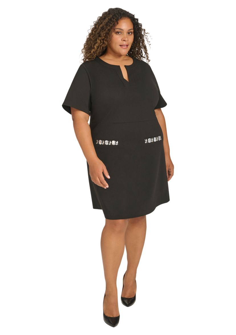 Plus Size Short Sleeve Split Neck Scuba Crepe Sheath Dress with Stone Trim Pockets