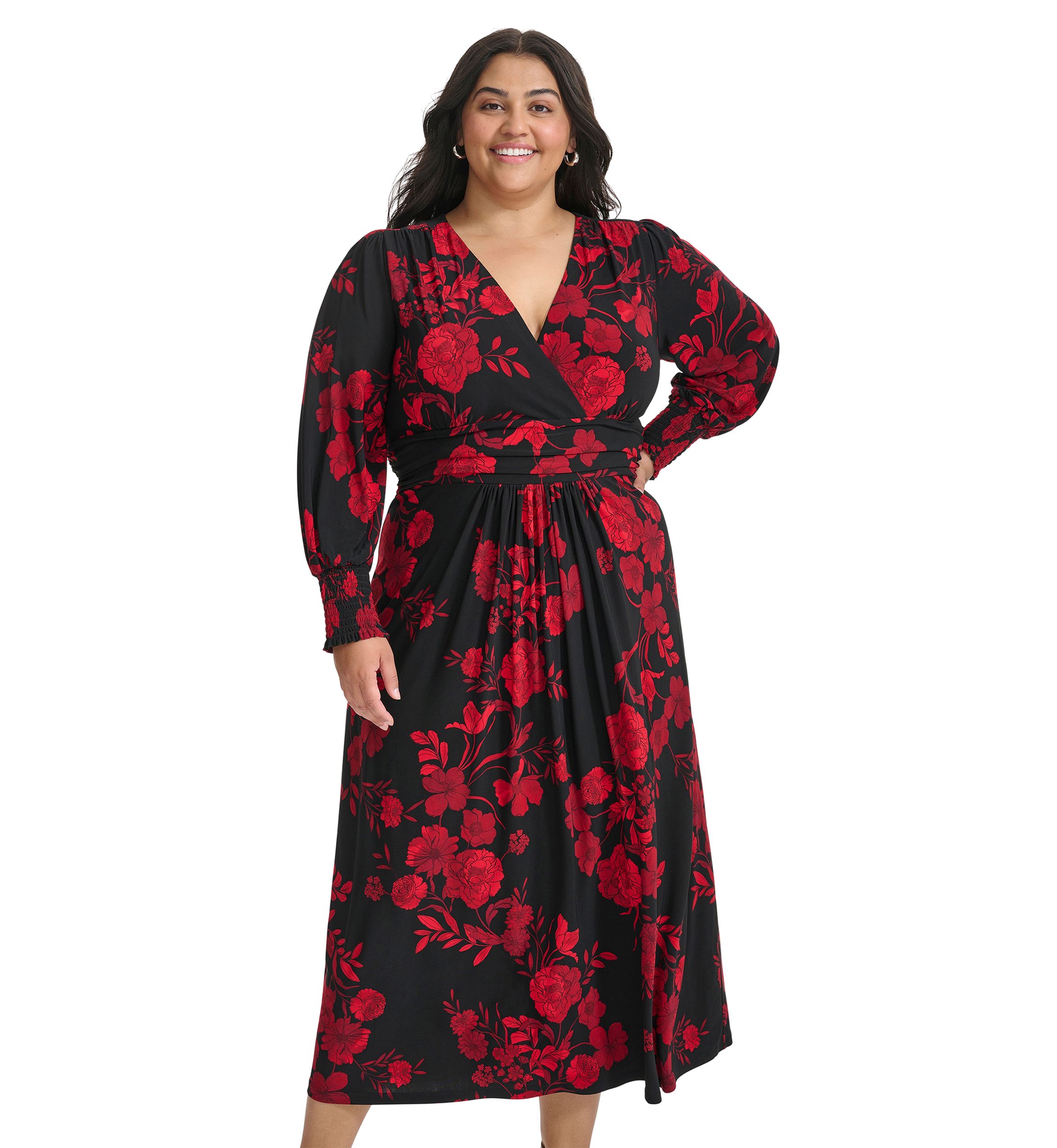 Plus Size Long Sleeve Ruched Waist Smocked Cuff Vita Floral Midi Dress