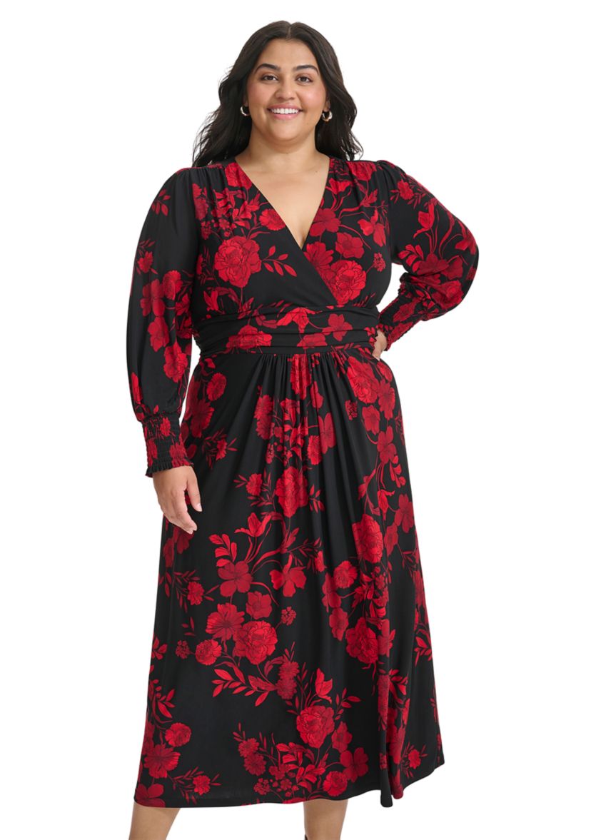 Plus Size Long Sleeve Ruched Waist Smocked Cuff Vita Floral Midi Dress