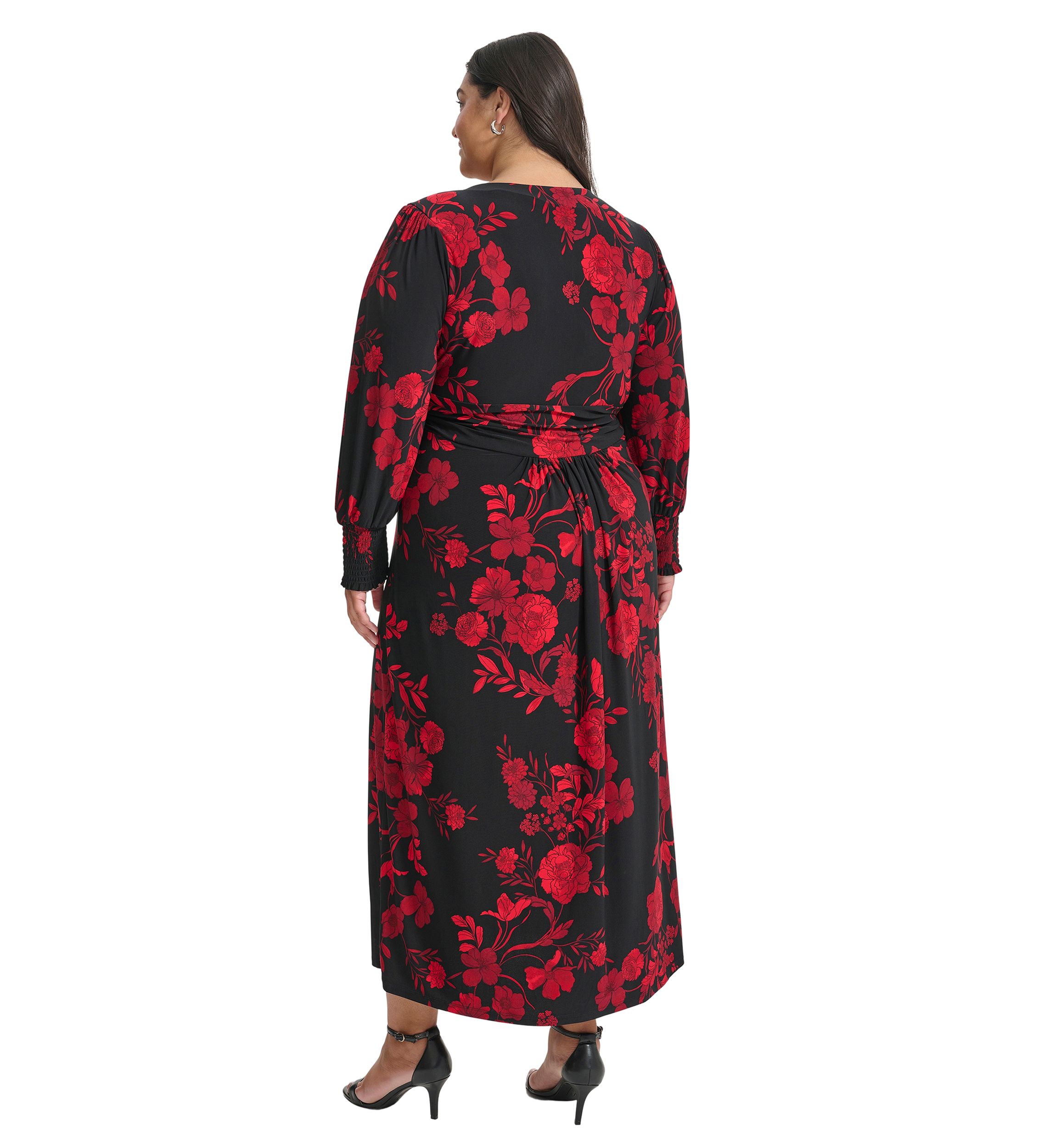 Plus Size Long Sleeve Ruched Waist Smocked Cuff Vita Floral Midi Dress