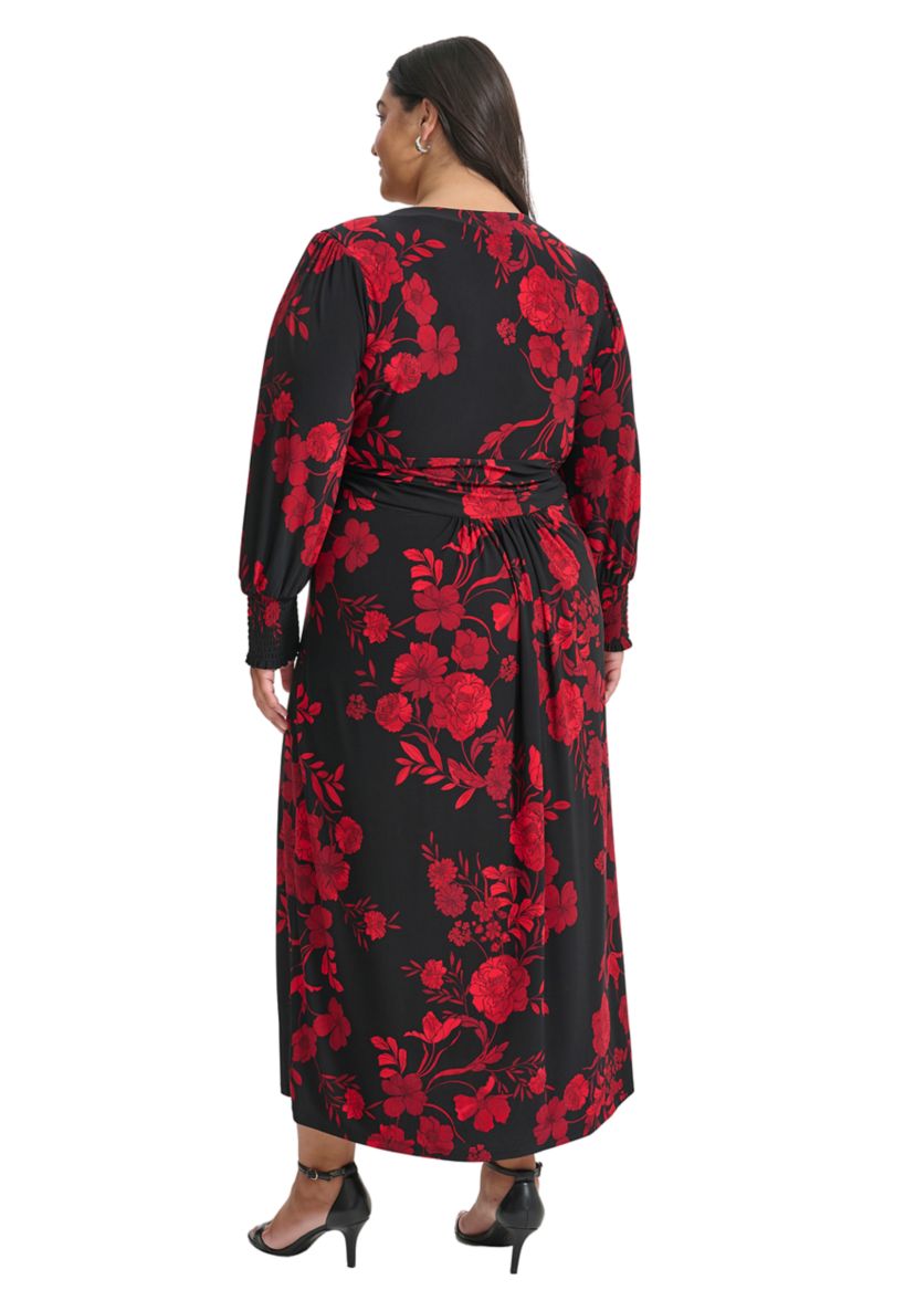Plus Size Long Sleeve Ruched Waist Smocked Cuff Vita Floral Midi Dress