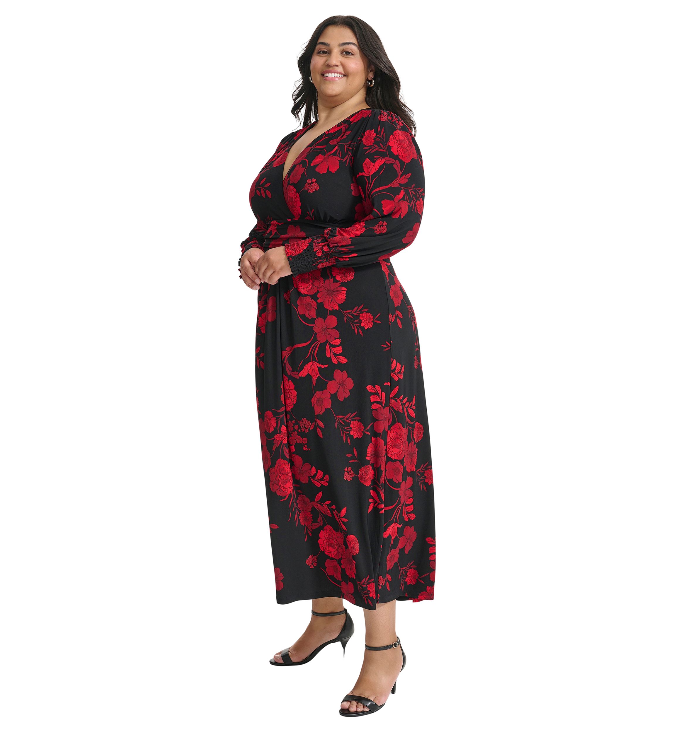 Plus Size Long Sleeve Ruched Waist Smocked Cuff Vita Floral Midi Dress
