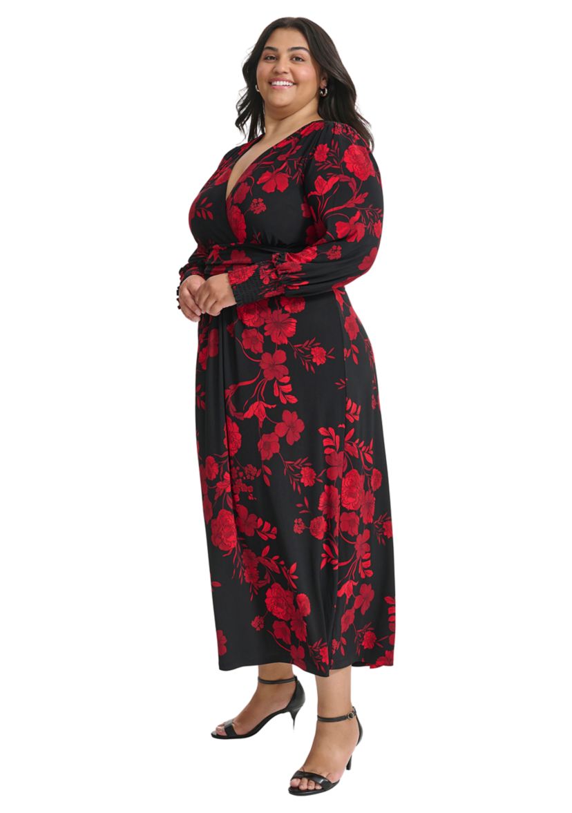Plus Size Long Sleeve Ruched Waist Smocked Cuff Vita Floral Midi Dress