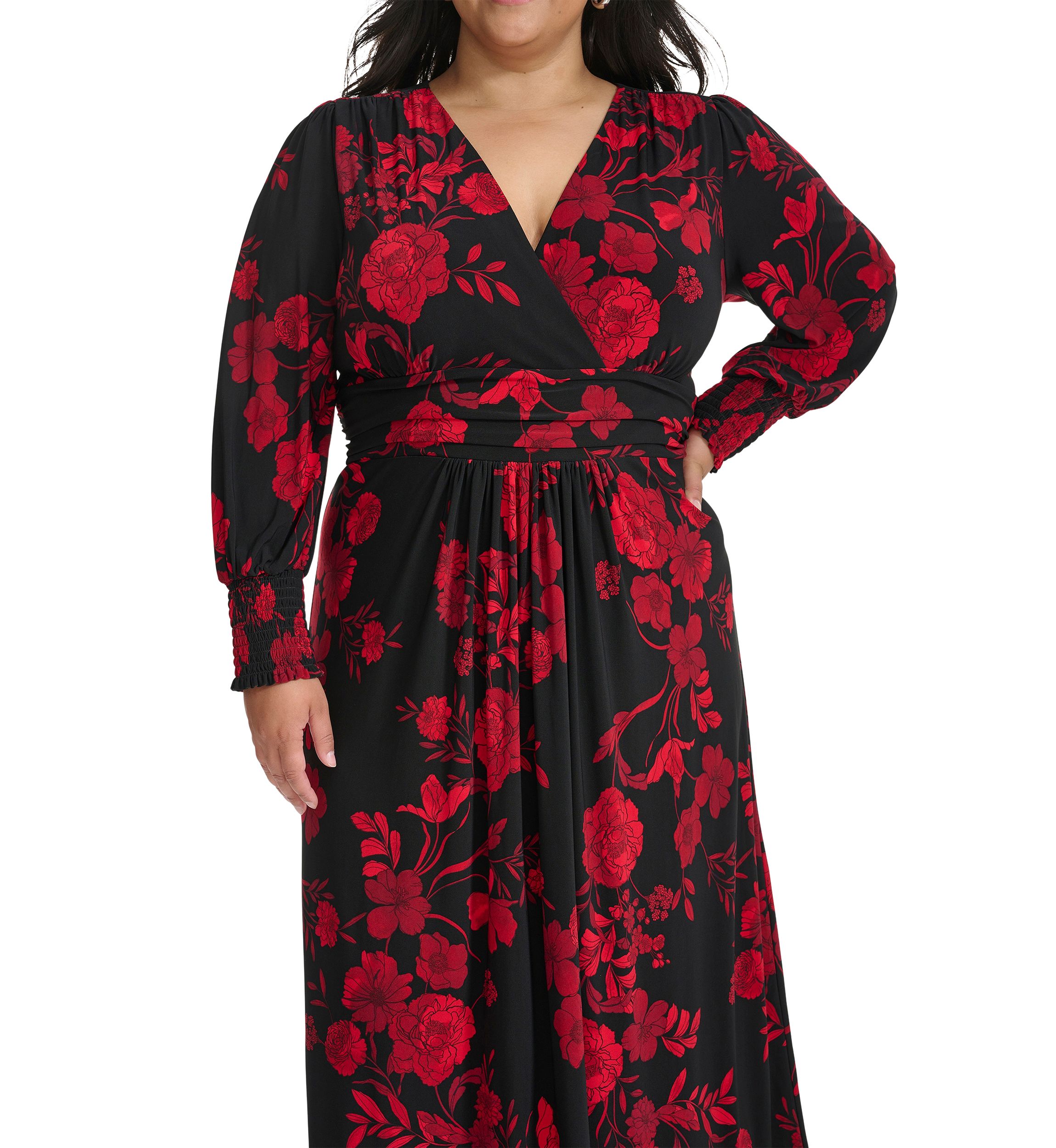 Plus Size Long Sleeve Ruched Waist Smocked Cuff Vita Floral Midi Dress