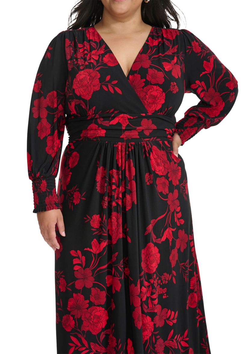 Plus Size Long Sleeve Ruched Waist Smocked Cuff Vita Floral Midi Dress