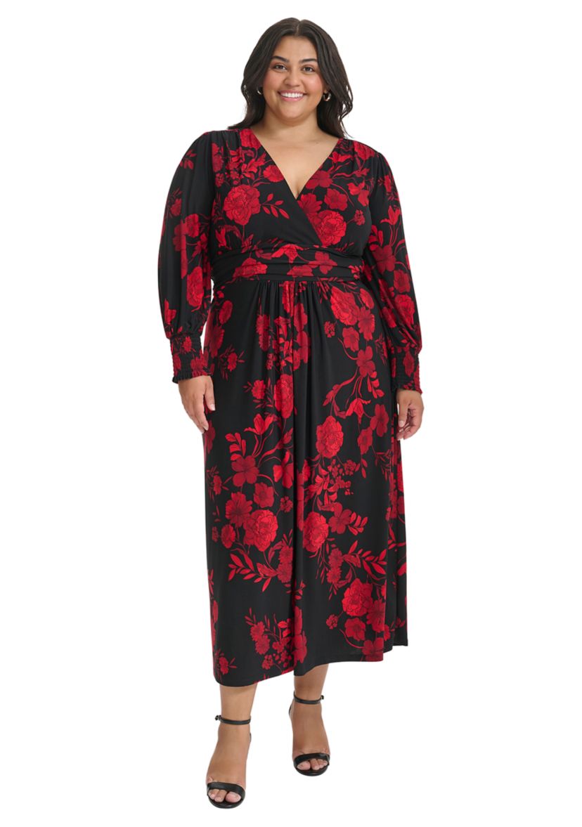 Plus Size Long Sleeve Ruched Waist Smocked Cuff Vita Floral Midi Dress