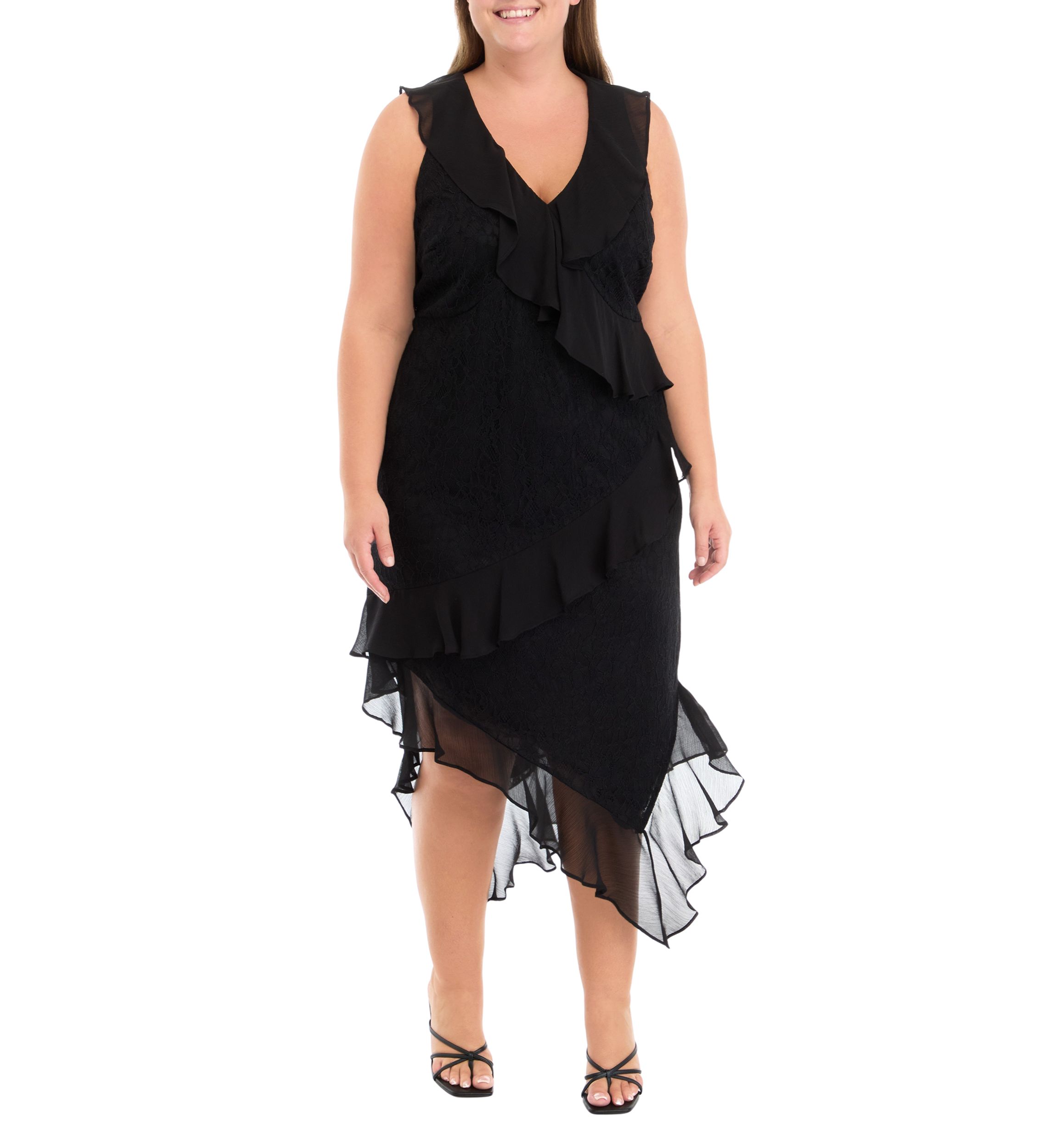 Plus Size Sleeveless V-Neck Lace Chiffon High Low Midi Dress