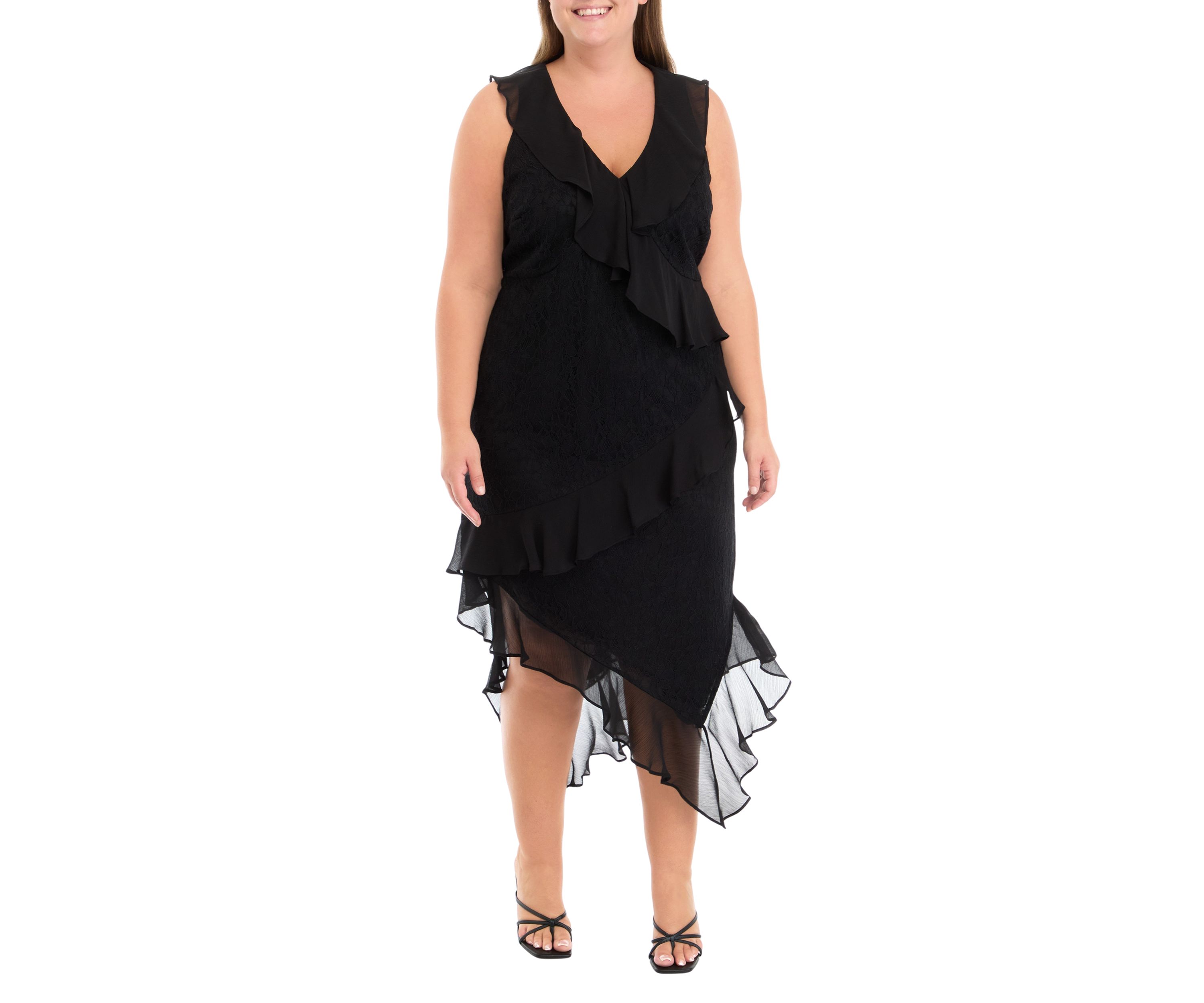Plus Size Sleeveless V-Neck Lace Chiffon High Low Midi Dress