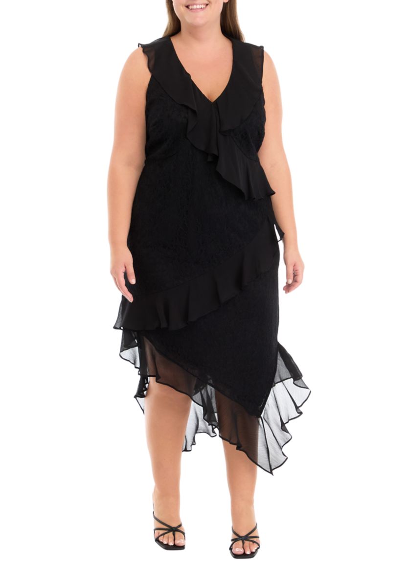 Plus Size Sleeveless V-Neck Lace Chiffon High Low Midi Dress