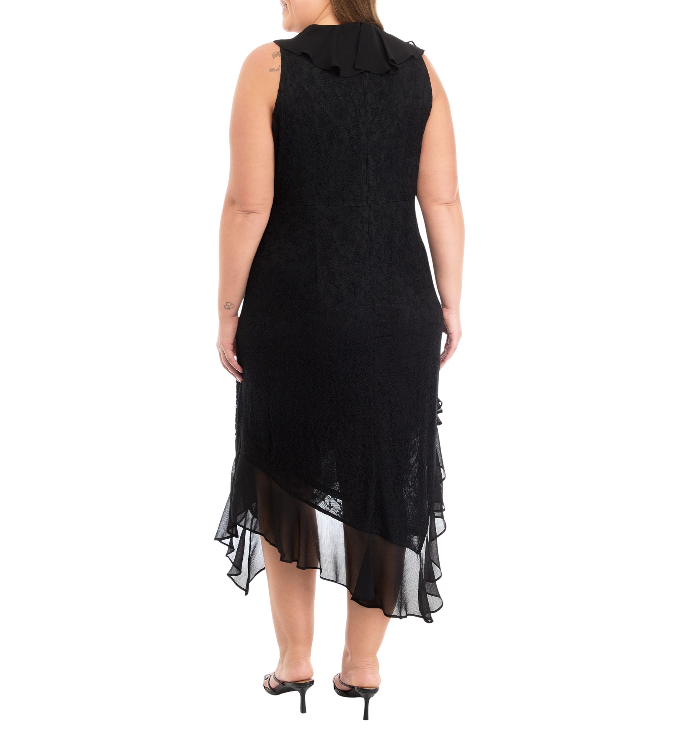 Plus Size Sleeveless V-Neck Lace Chiffon High Low Midi Dress