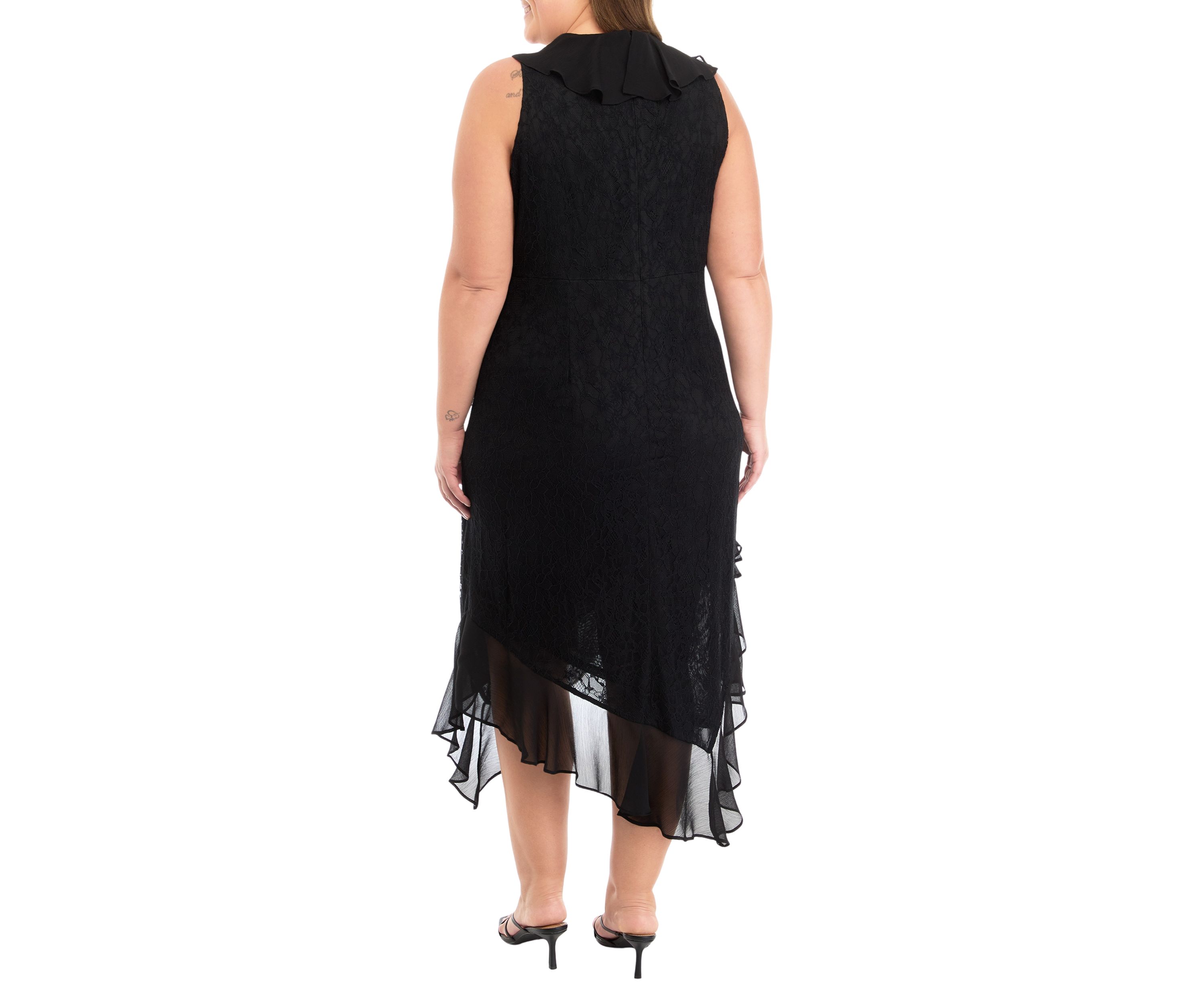 Plus Size Sleeveless V-Neck Lace Chiffon High Low Midi Dress