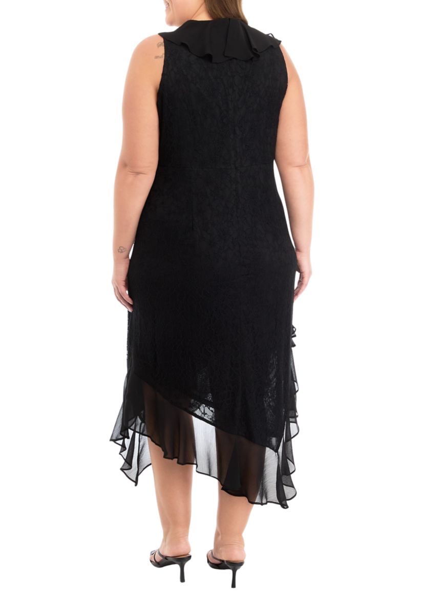 Plus Size Sleeveless V-Neck Lace Chiffon High Low Midi Dress