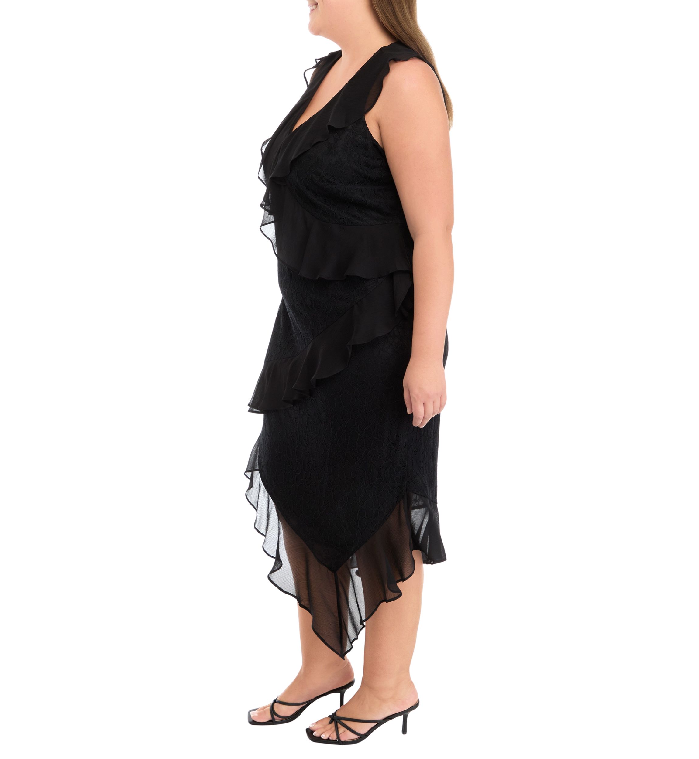 Plus Size Sleeveless V-Neck Lace Chiffon High Low Midi Dress