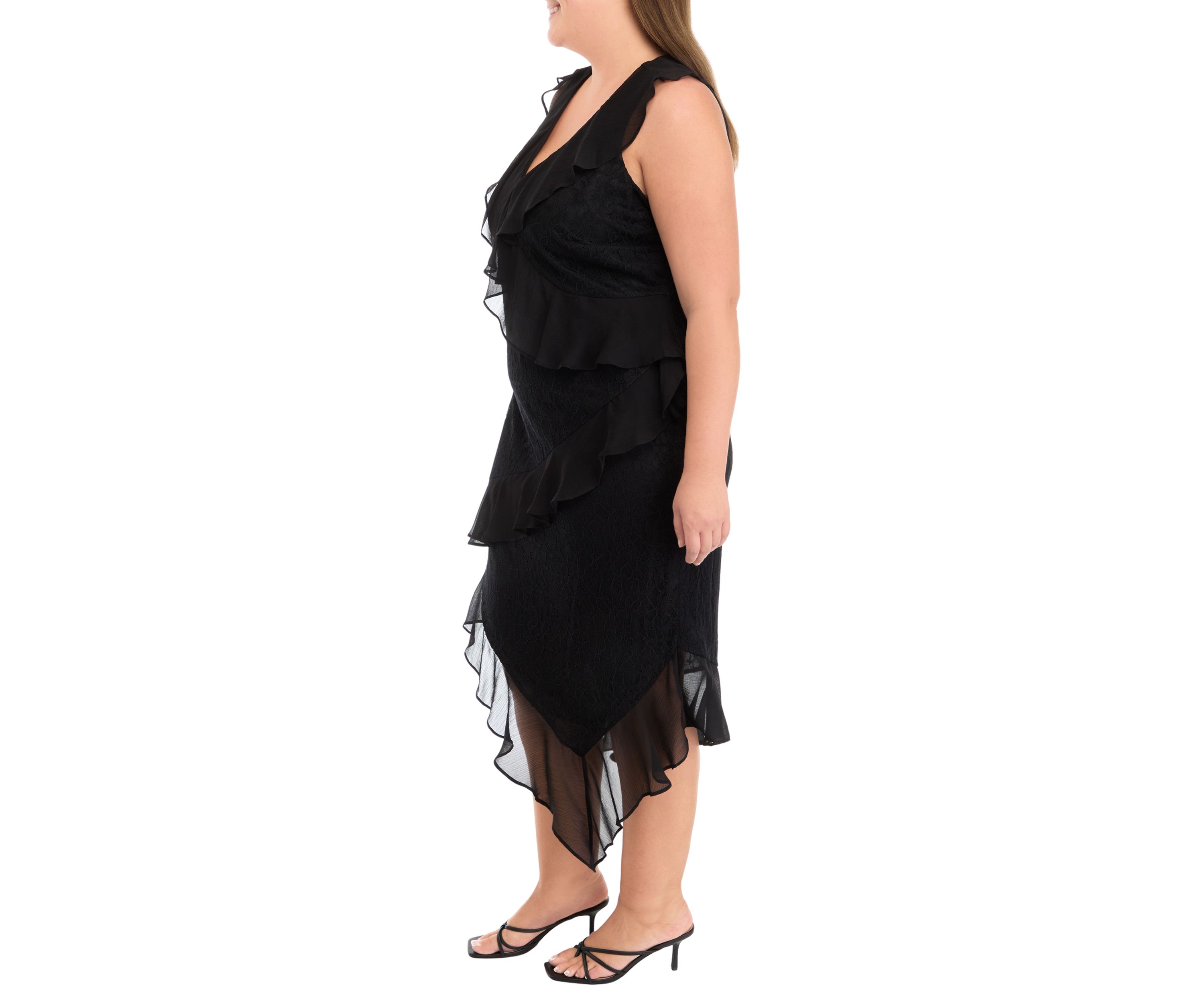 Plus Size Sleeveless V-Neck Lace Chiffon High Low Midi Dress