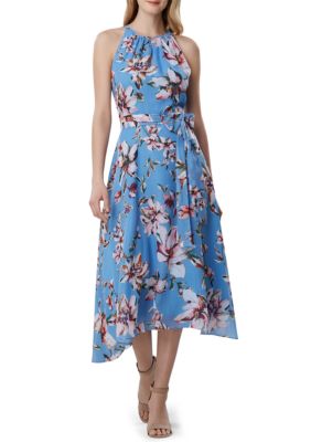 tahari asl sleeveless halter ruffle crepe dres