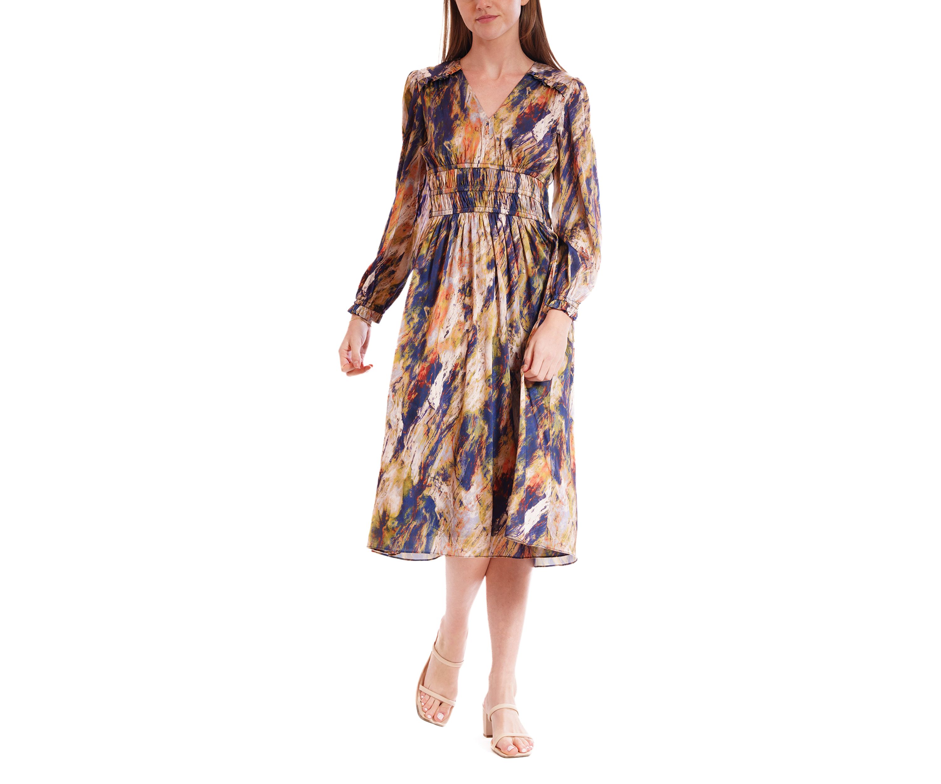 Womens Long Sleeve V-Neck Print Chiffon A-Line Dress