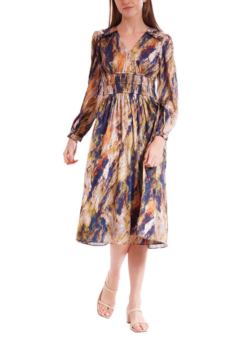 Womens Long Sleeve V-Neck Print Chiffon A-Line Dress