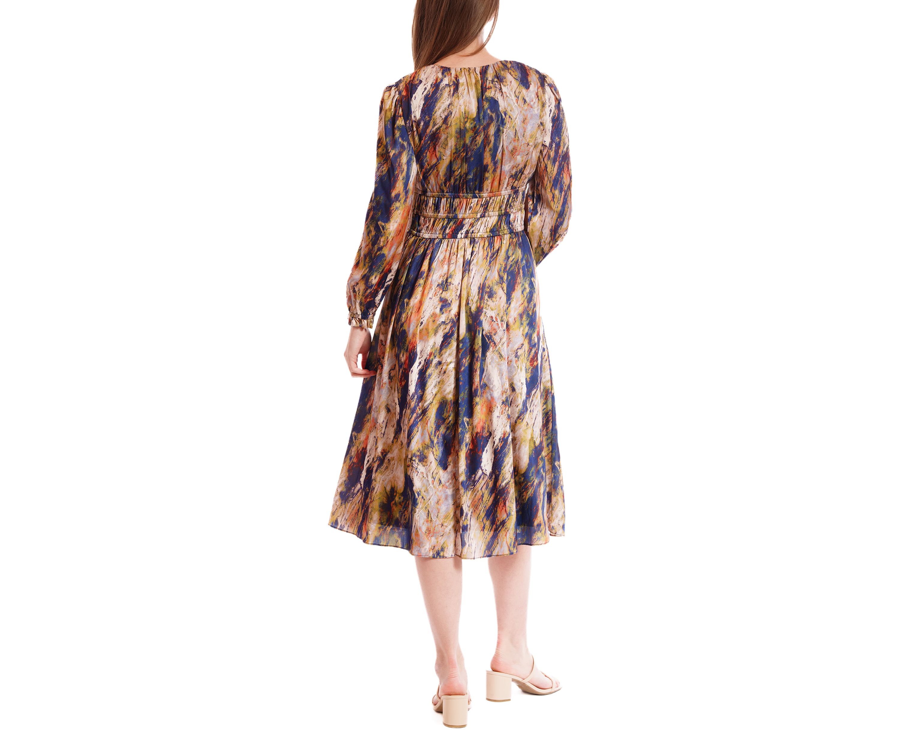 Womens Long Sleeve V-Neck Print Chiffon A-Line Dress
