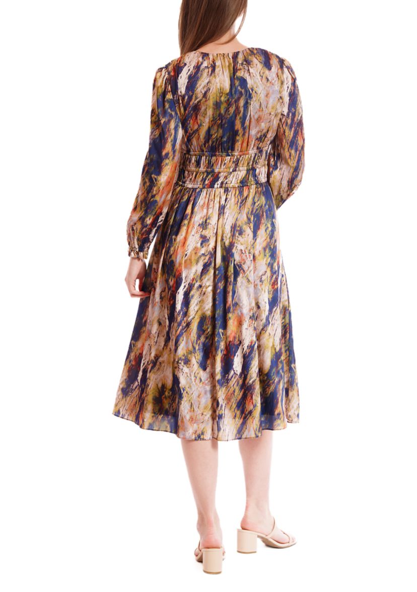 Womens Long Sleeve V-Neck Print Chiffon A-Line Dress