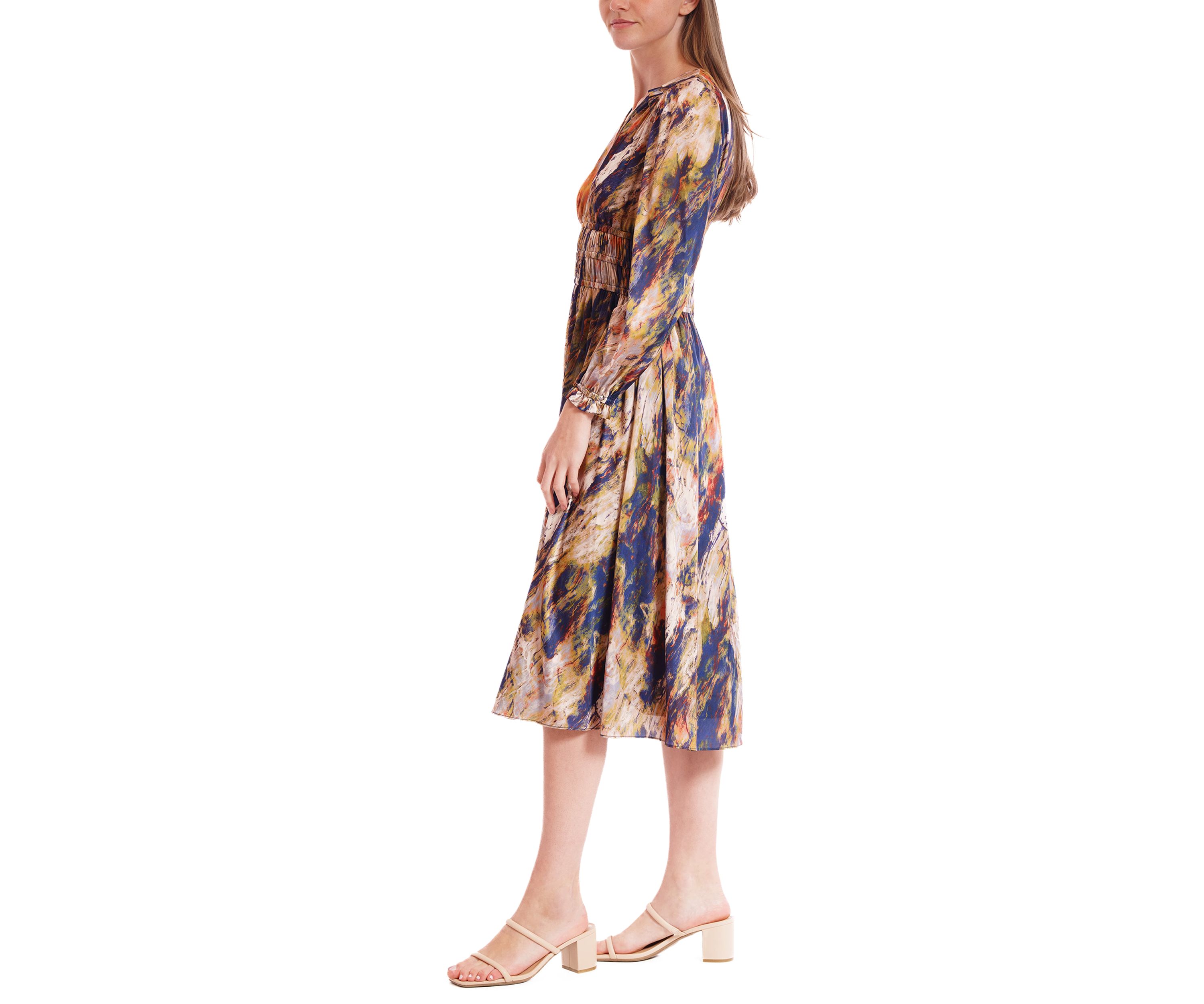 Womens Long Sleeve V-Neck Print Chiffon A-Line Dress