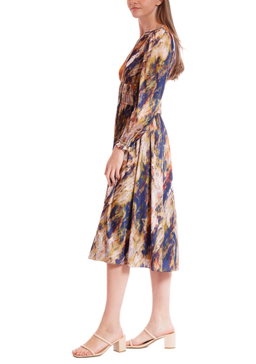 Womens Long Sleeve V-Neck Print Chiffon A-Line Dress