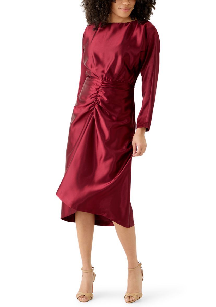 Womens Long Sleeve Crew Neck Satin A-Line Dress